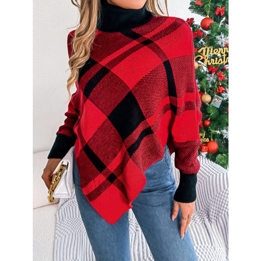 Plaid Turtleneck Batwing Sleeve Sweater Apparel and Accessories