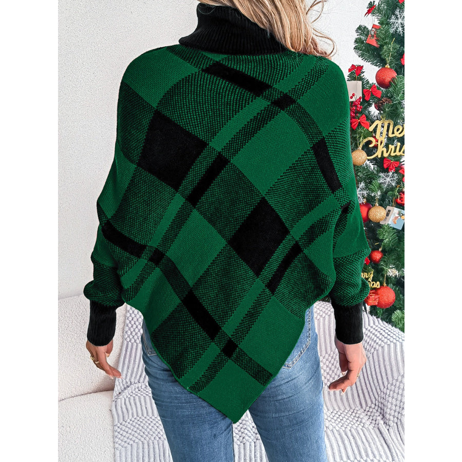 Plaid Turtleneck Batwing Sleeve Sweater Apparel and Accessories