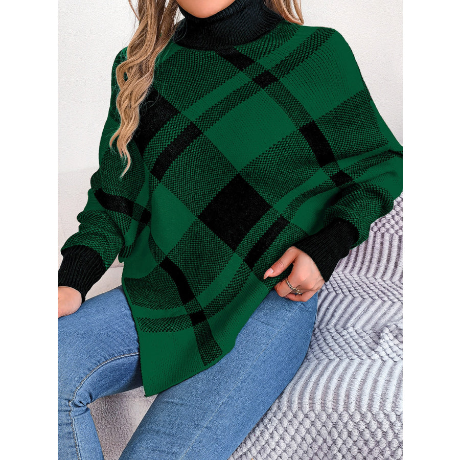 Plaid Turtleneck Batwing Sleeve Sweater Dark Green / S Apparel and Accessories