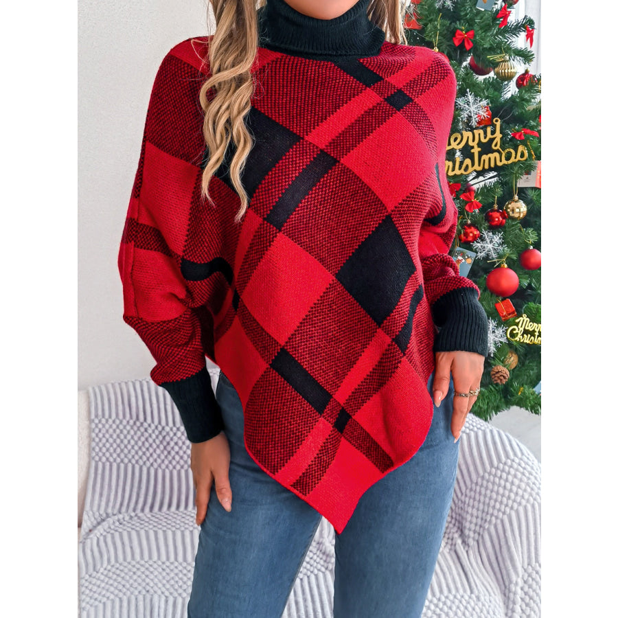 Plaid Turtleneck Batwing Sleeve Sweater Deep Red / S Apparel and Accessories