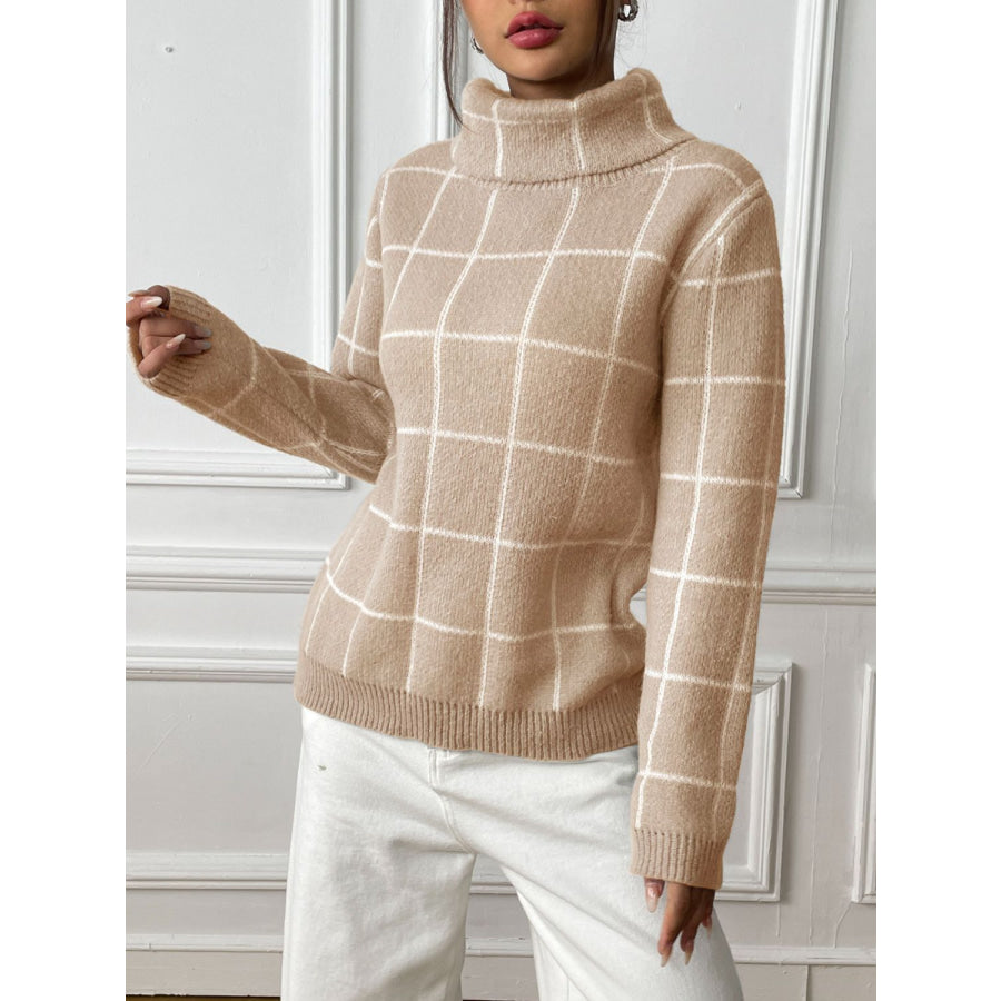 Plaid Turtleneck Long Sleeve Sweater Apparel and Accessories