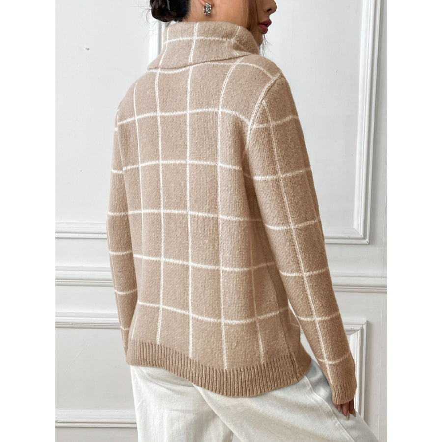 Plaid Turtleneck Long Sleeve Sweater Tan / S Apparel and Accessories