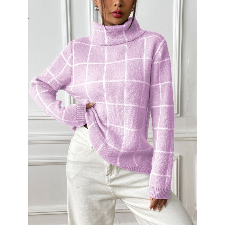 Plaid Turtleneck Long Sleeve Sweater Apparel and Accessories