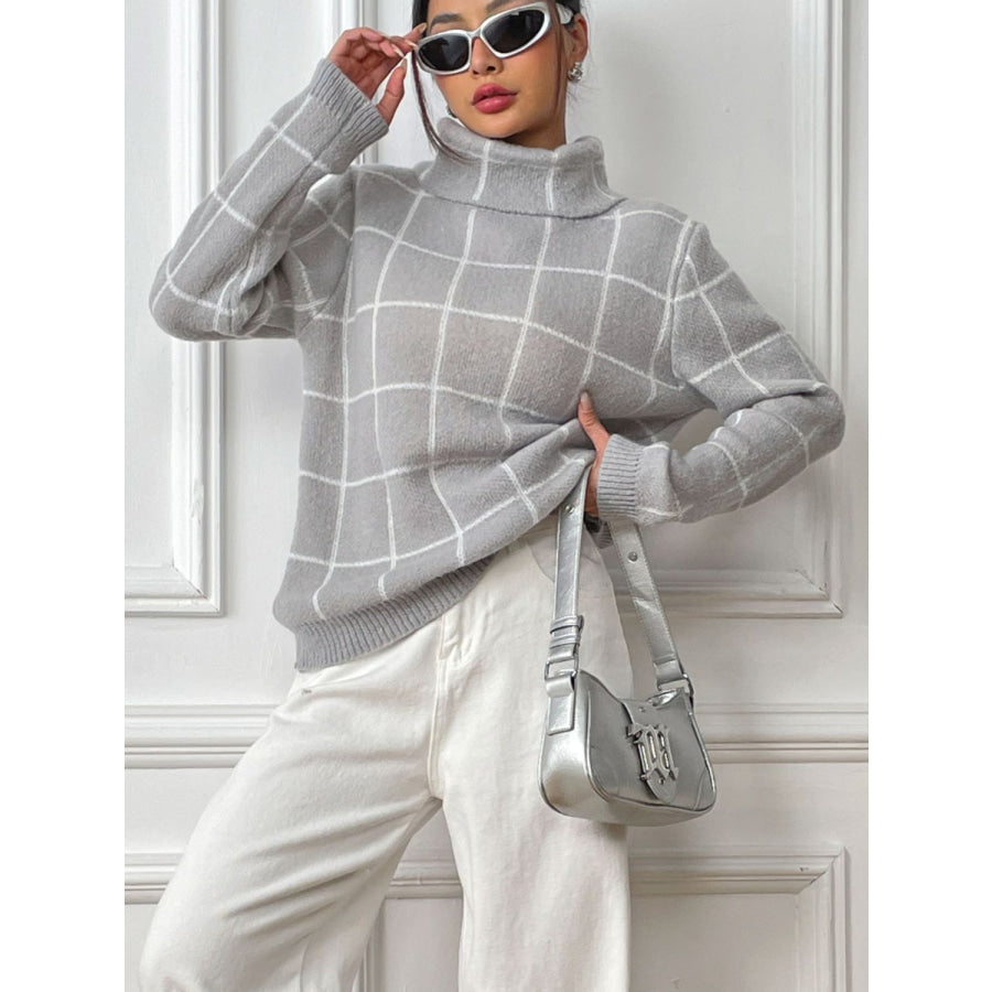 Plaid Turtleneck Long Sleeve Sweater Apparel and Accessories