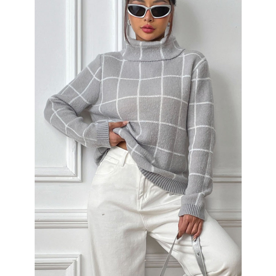 Plaid Turtleneck Long Sleeve Sweater Apparel and Accessories