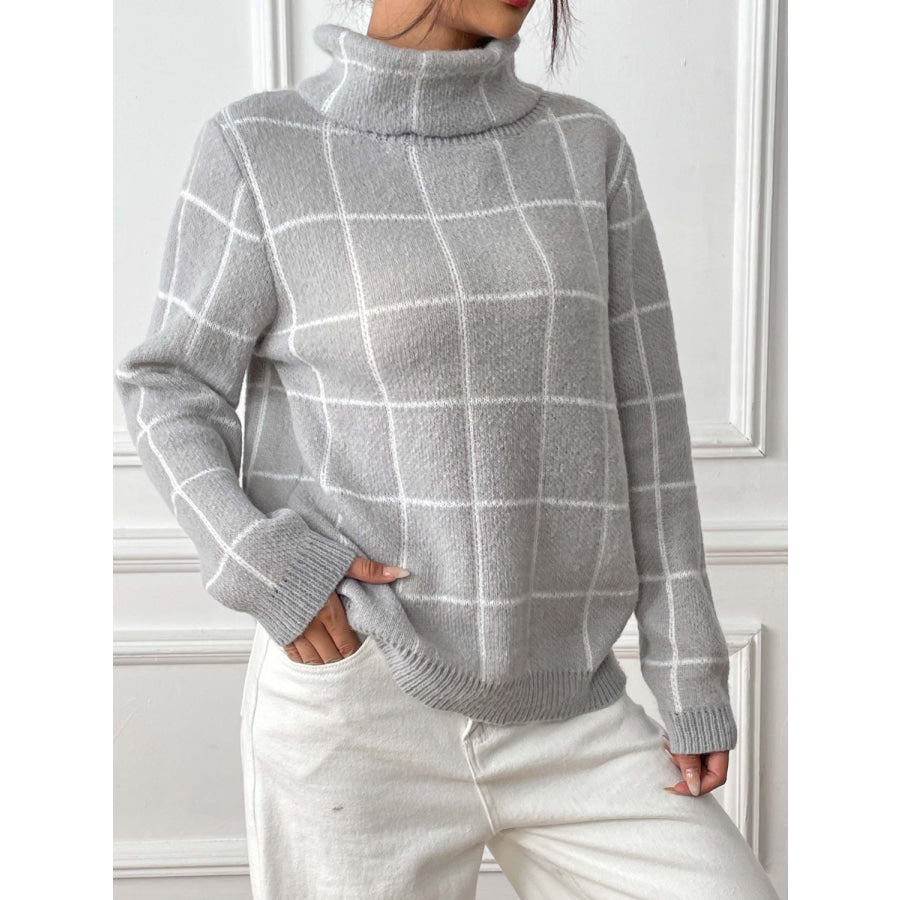 Plaid Turtleneck Long Sleeve Sweater Gray / S Apparel and Accessories