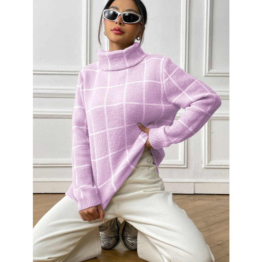 Plaid Turtleneck Long Sleeve Sweater Pink Purple / S Apparel and Accessories