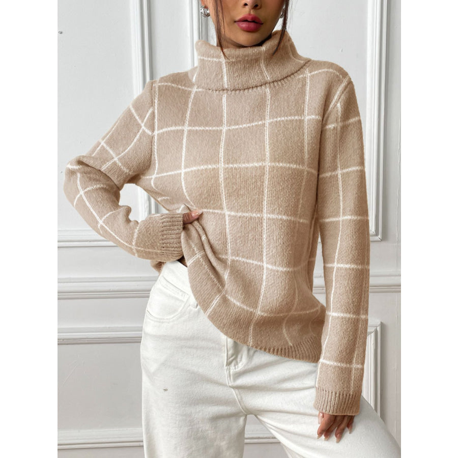 Plaid Turtleneck Long Sleeve Sweater Tan / S Apparel and Accessories