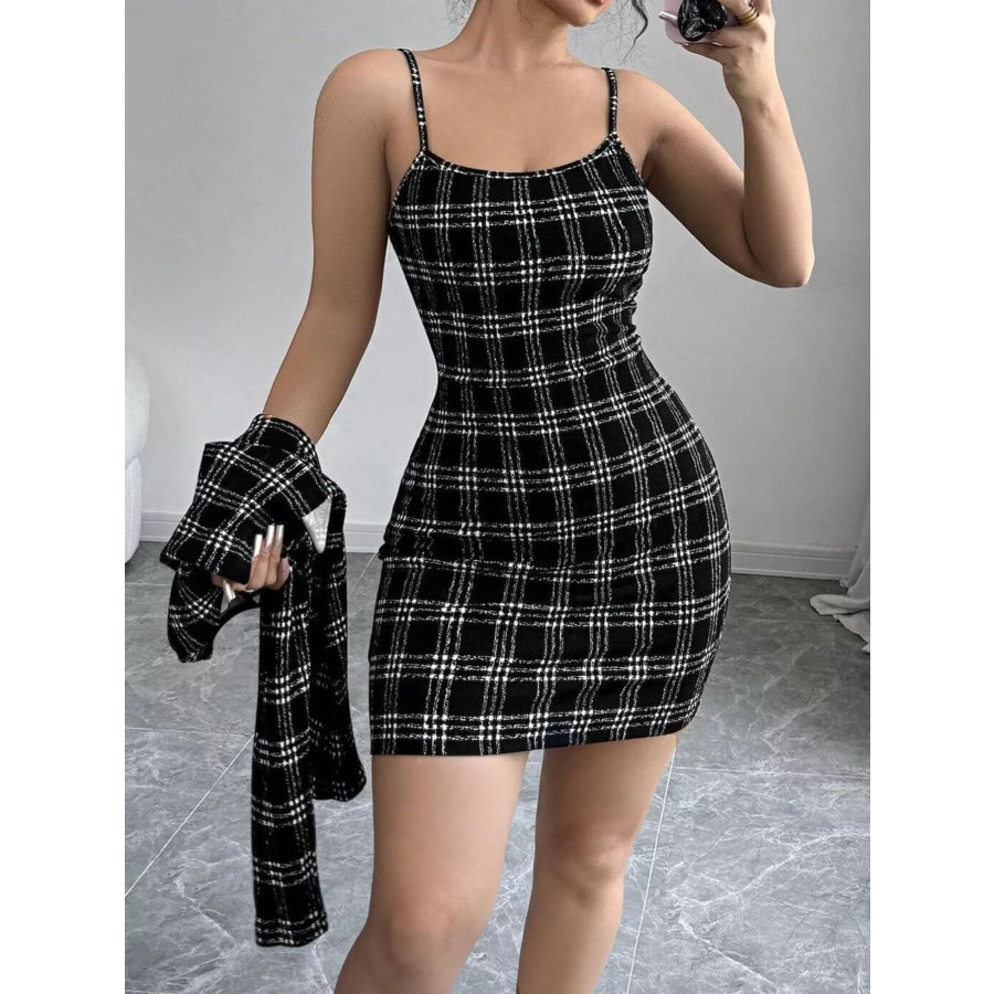 Plaid Tweed Crop Outerwear and Bodycon Mini Dress Two-Piece Set Apparel and Accessories