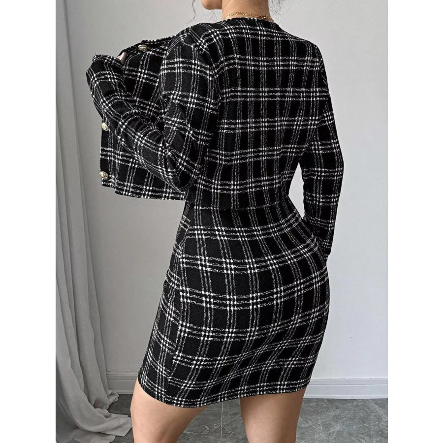 Plaid Tweed Crop Outerwear and Bodycon Mini Dress Two-Piece Set Apparel and Accessories