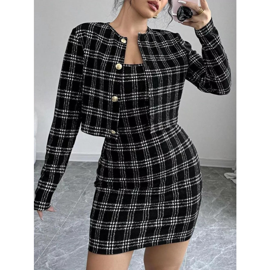 Plaid Tweed Crop Outerwear and Bodycon Mini Dress Two-Piece Set Black / S Apparel and Accessories