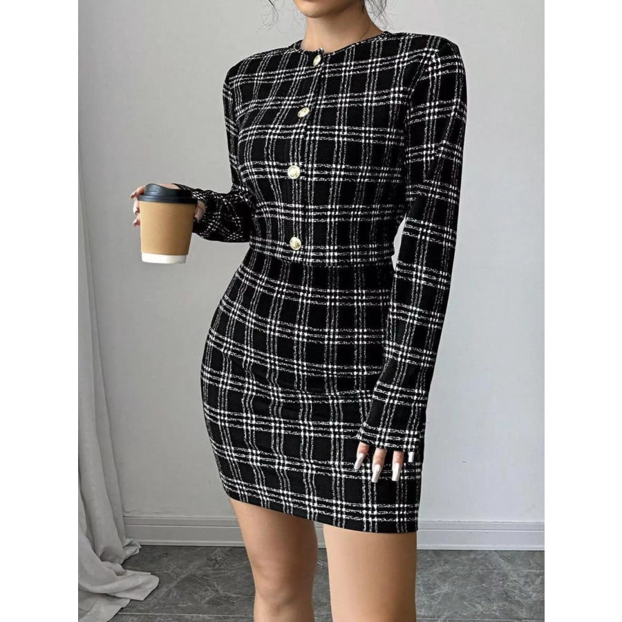 Plaid Tweed Crop Outerwear and Bodycon Mini Dress Two-Piece Set Apparel and Accessories