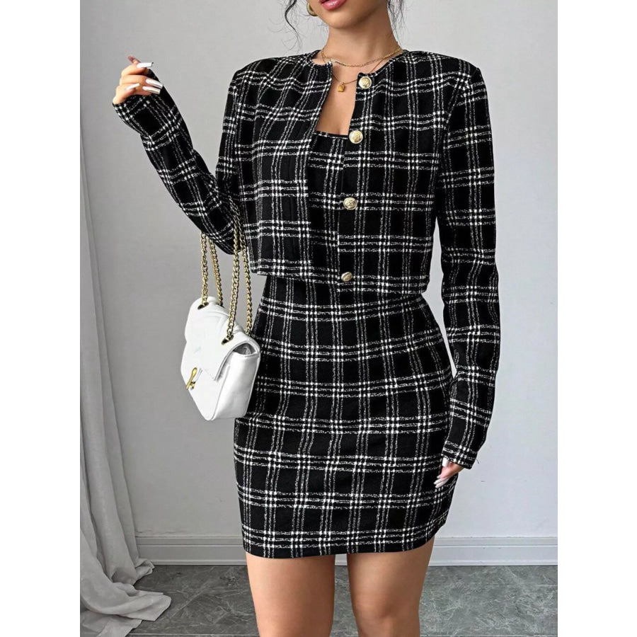 Plaid Tweed Crop Outerwear and Bodycon Mini Dress Two-Piece Set Black / S Apparel and Accessories