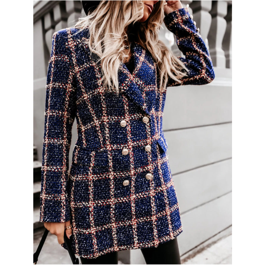 Plaid Tweed Double-Breasted Coat Dark Blue / S Apparel and Accessories
