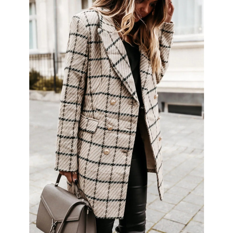 Plaid Tweed Double-Breasted Coat Tan / S Apparel and Accessories