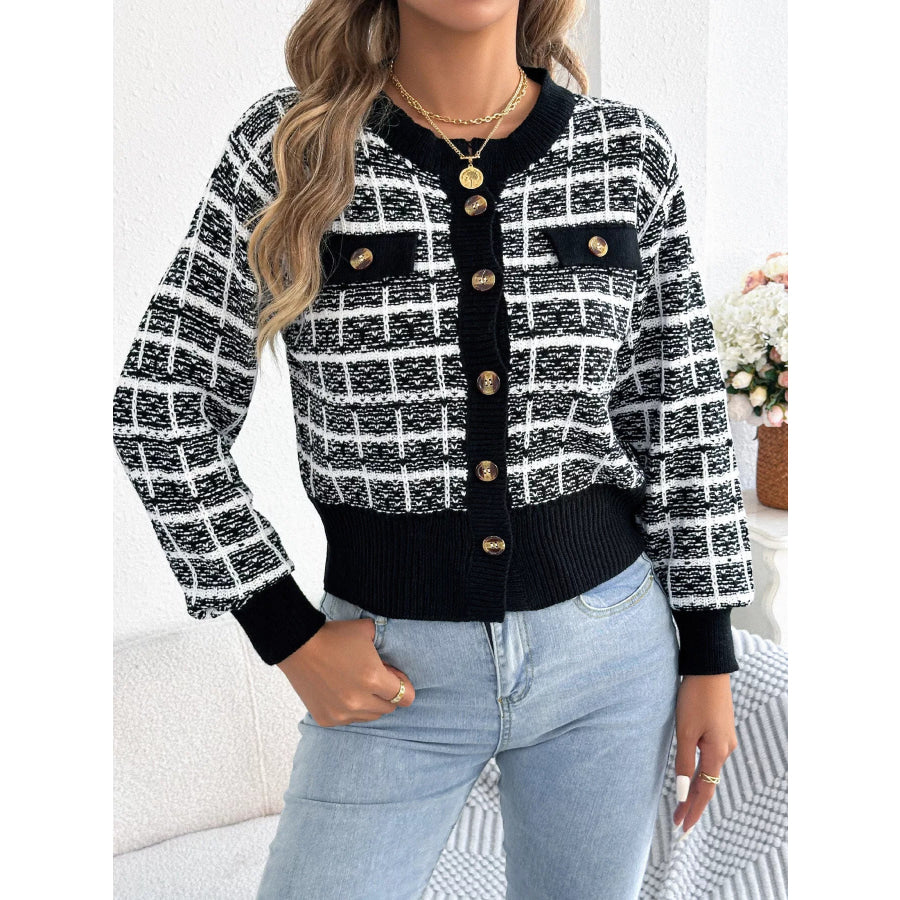 Plaid Tweed-Style Knit Cardigan Apparel and Accessories
