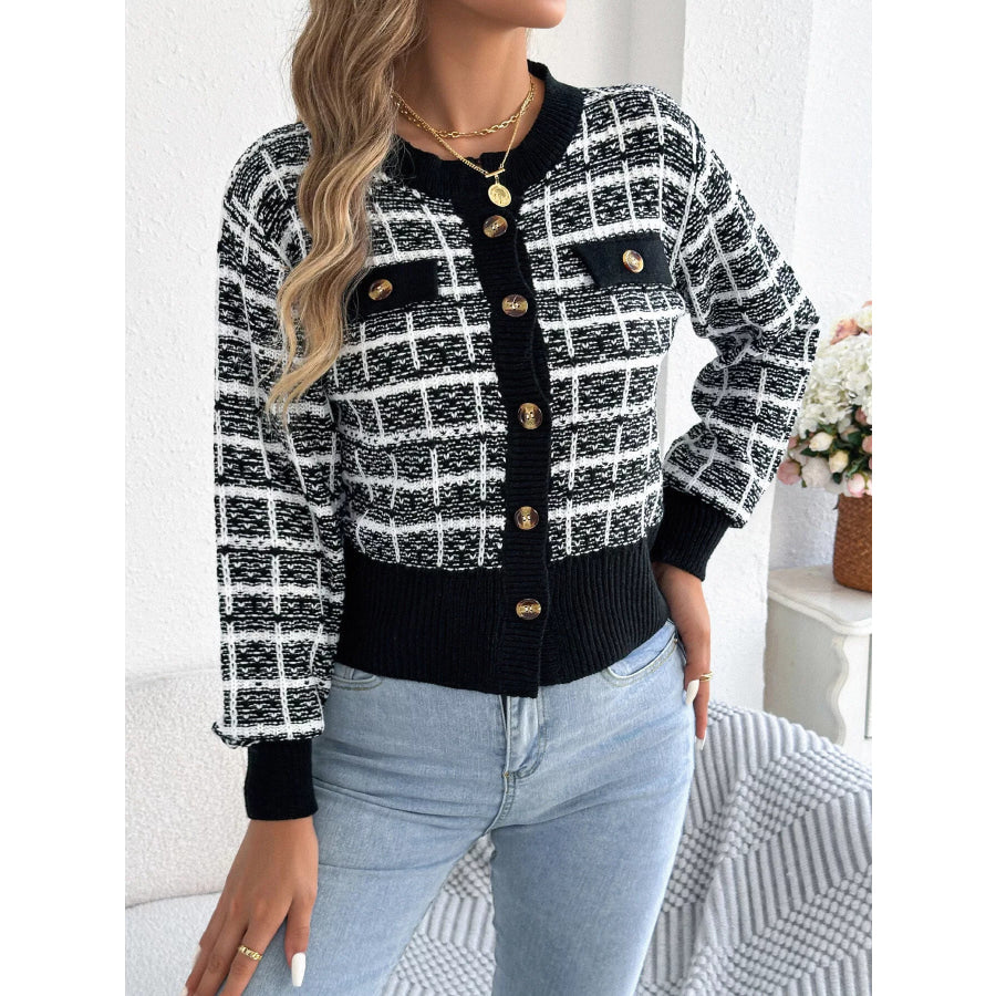 Plaid Tweed-Style Knit Cardigan Apparel and Accessories