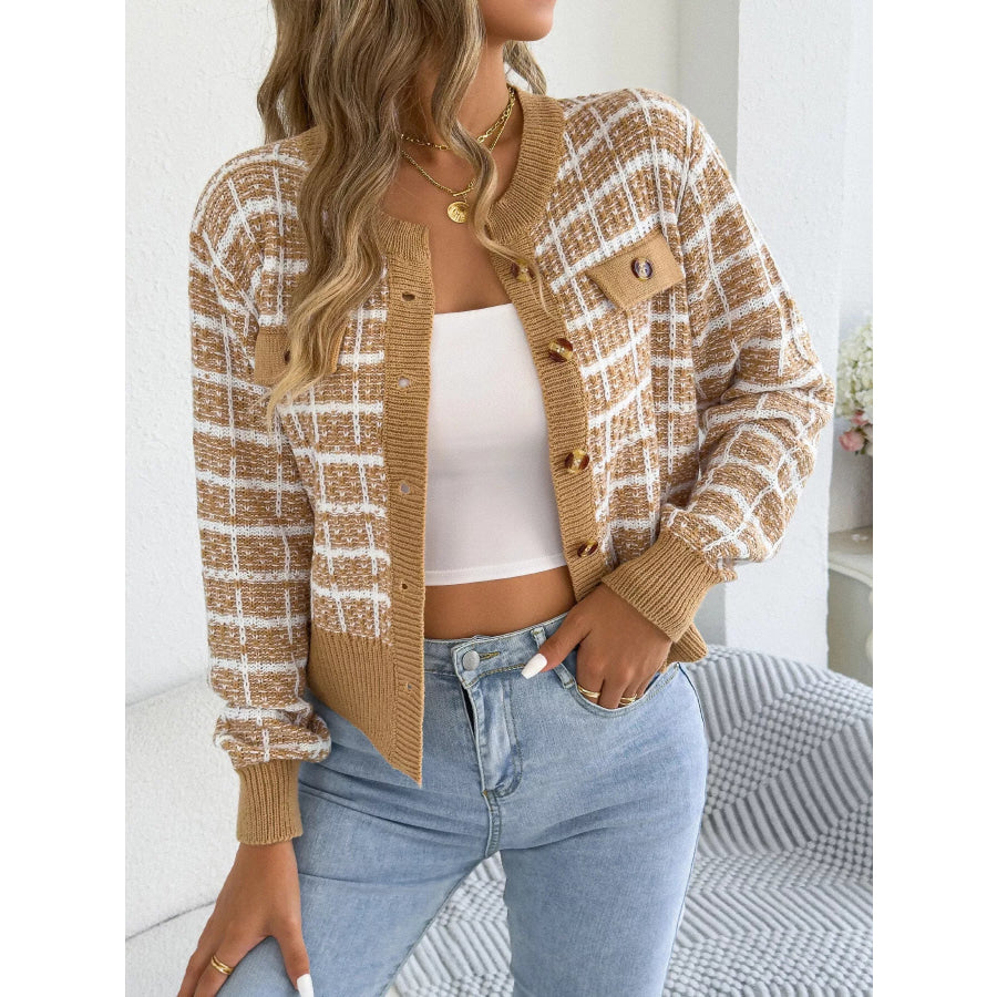 Plaid Tweed-Style Knit Cardigan Apparel and Accessories