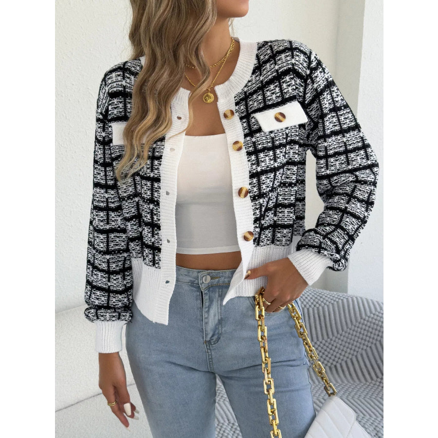 Plaid Tweed-Style Knit Cardigan Apparel and Accessories