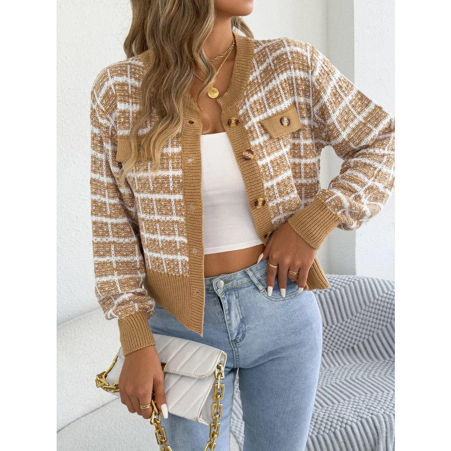 Plaid Tweed-Style Knit Cardigan Apparel and Accessories