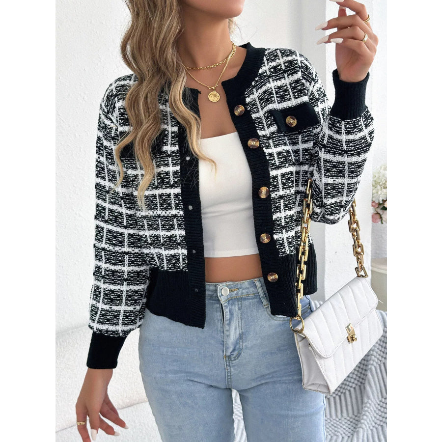 Plaid Tweed-Style Knit Cardigan Apparel and Accessories