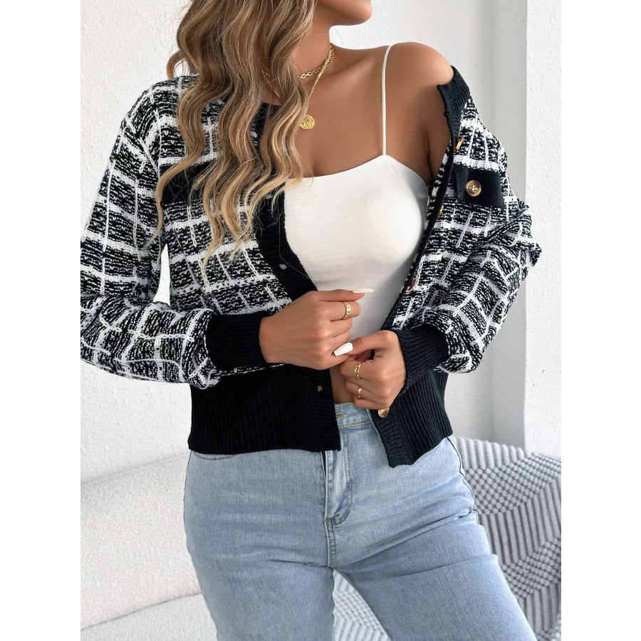 Plaid Tweed-Style Knit Cardigan Apparel and Accessories