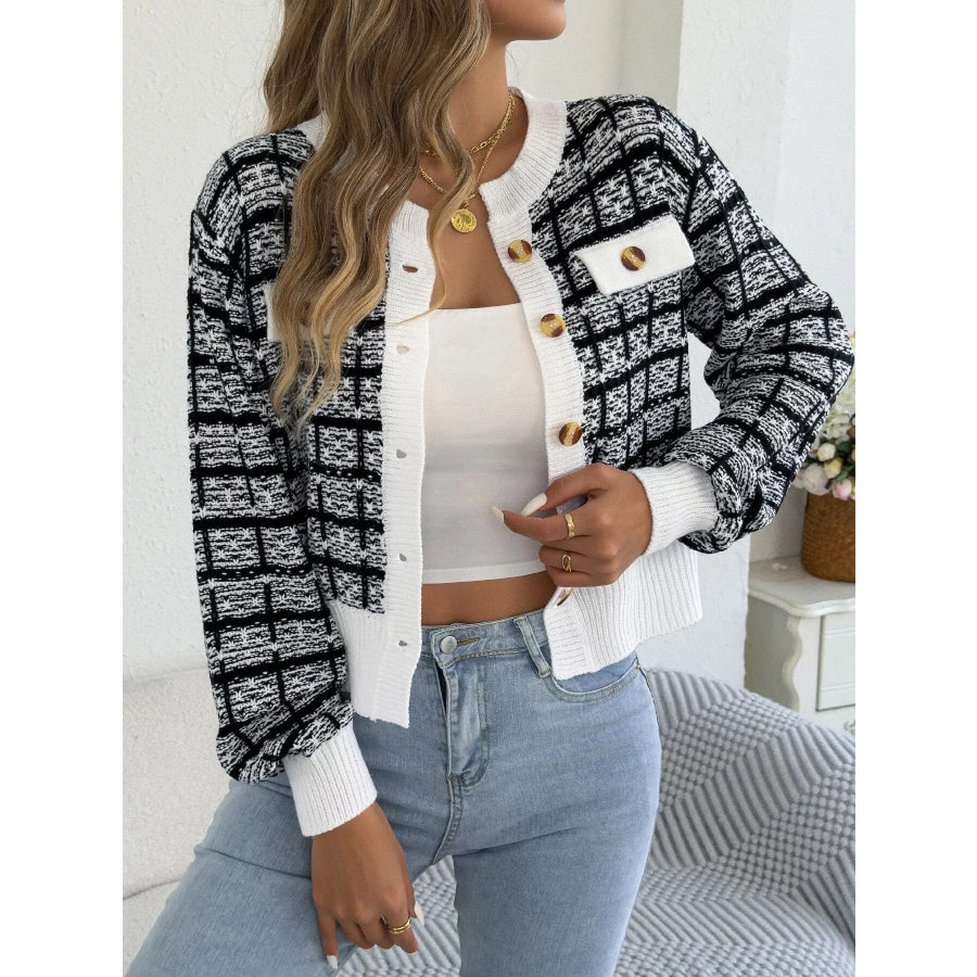 Plaid Tweed-Style Knit Cardigan Apparel and Accessories