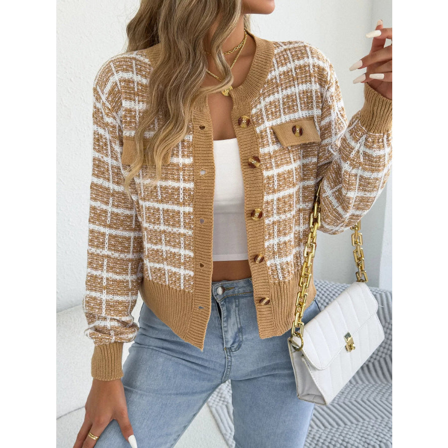 Plaid Tweed-Style Knit Cardigan Apparel and Accessories