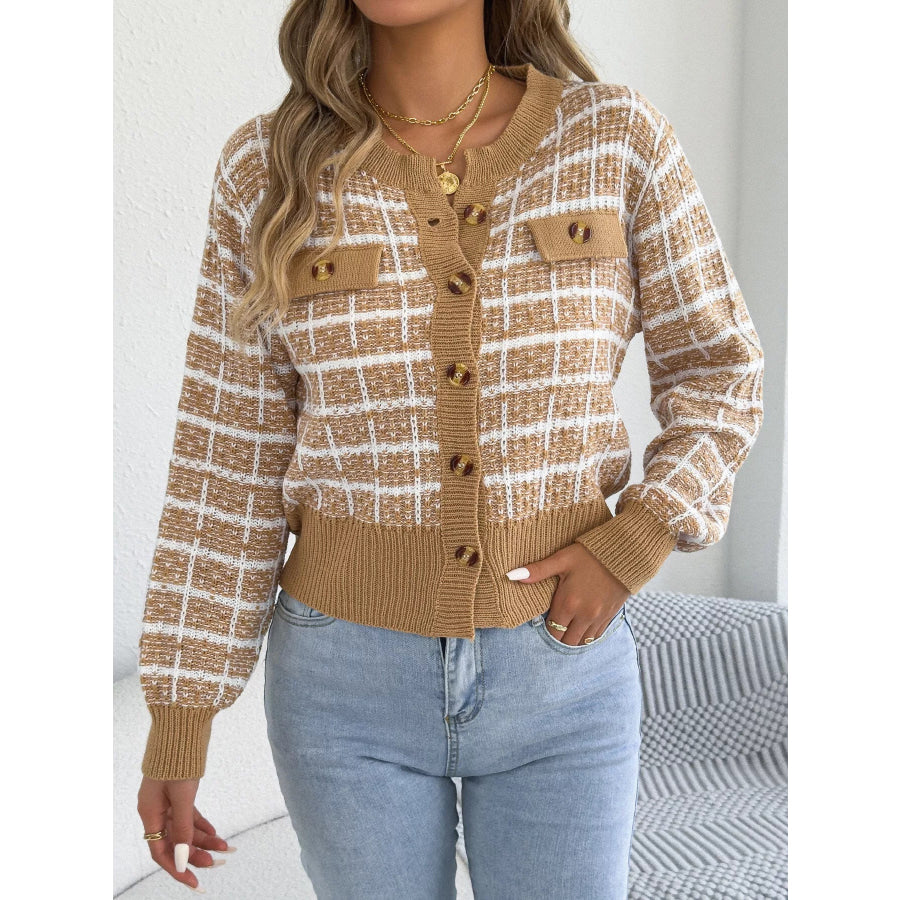 Plaid Tweed-Style Knit Cardigan Apparel and Accessories