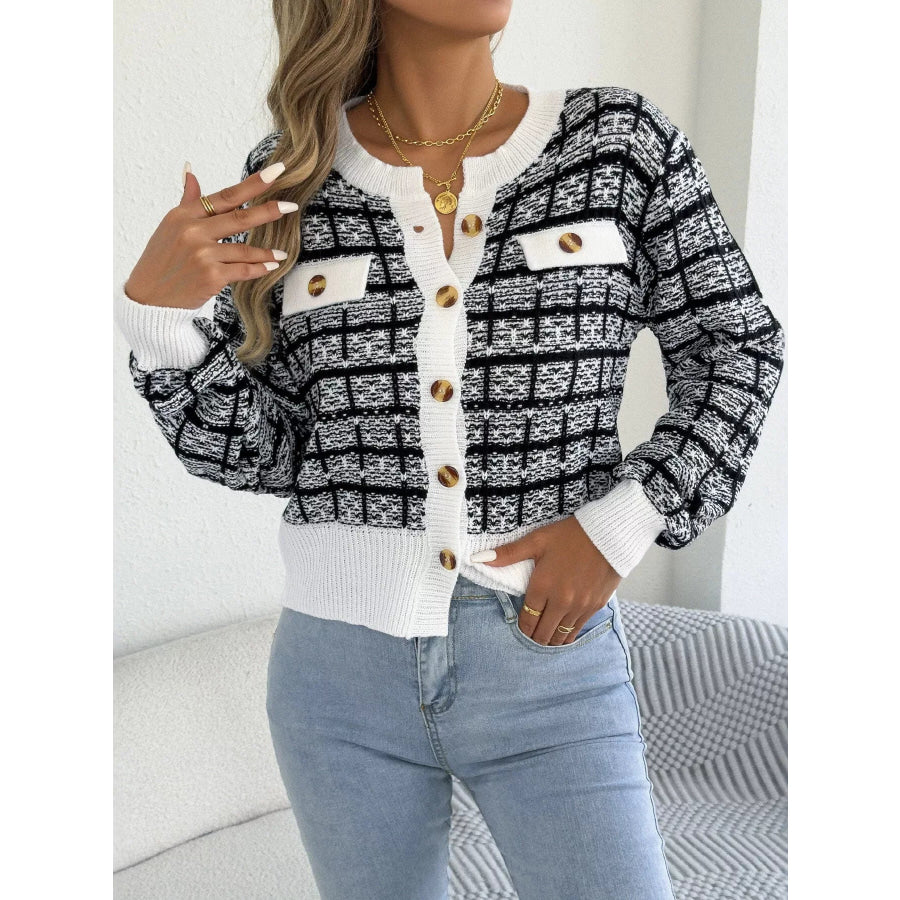Plaid Tweed-Style Knit Cardigan Apparel and Accessories