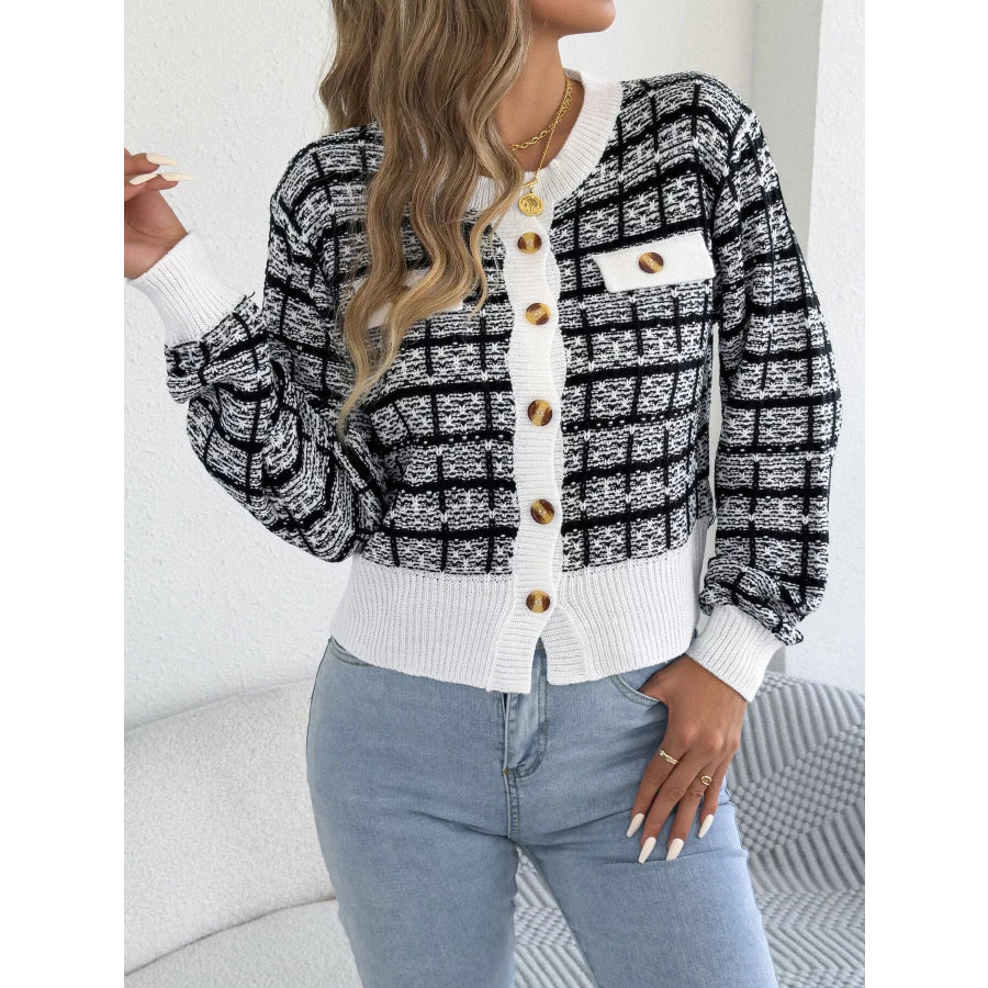 Plaid Tweed-Style Knit Cardigan White / S Apparel and Accessories