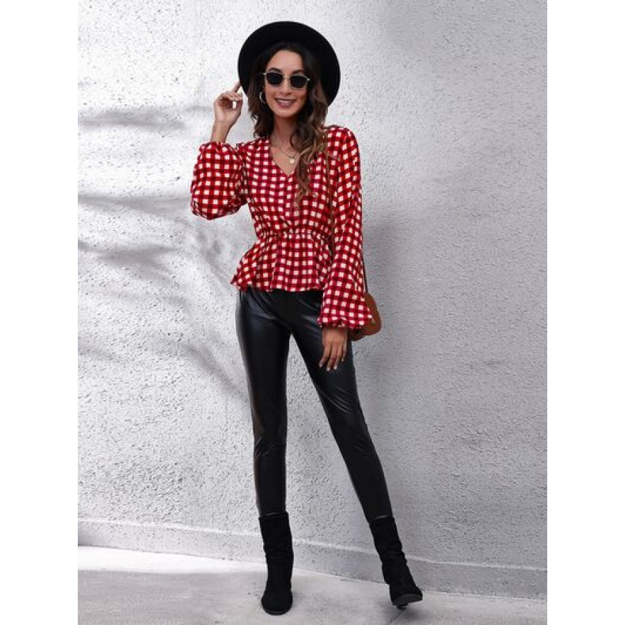 Plaid V-Neck Balloon Sleeve Peplum Blouse Clothing