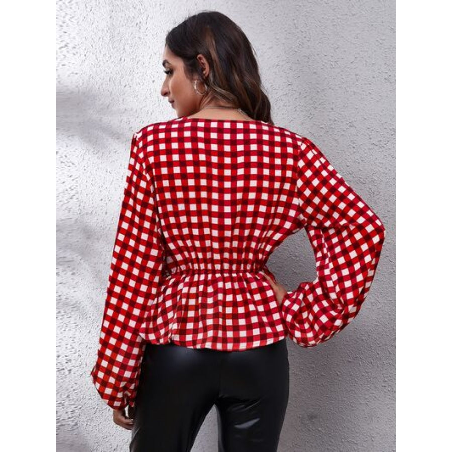 Plaid V-Neck Balloon Sleeve Peplum Blouse Clothing