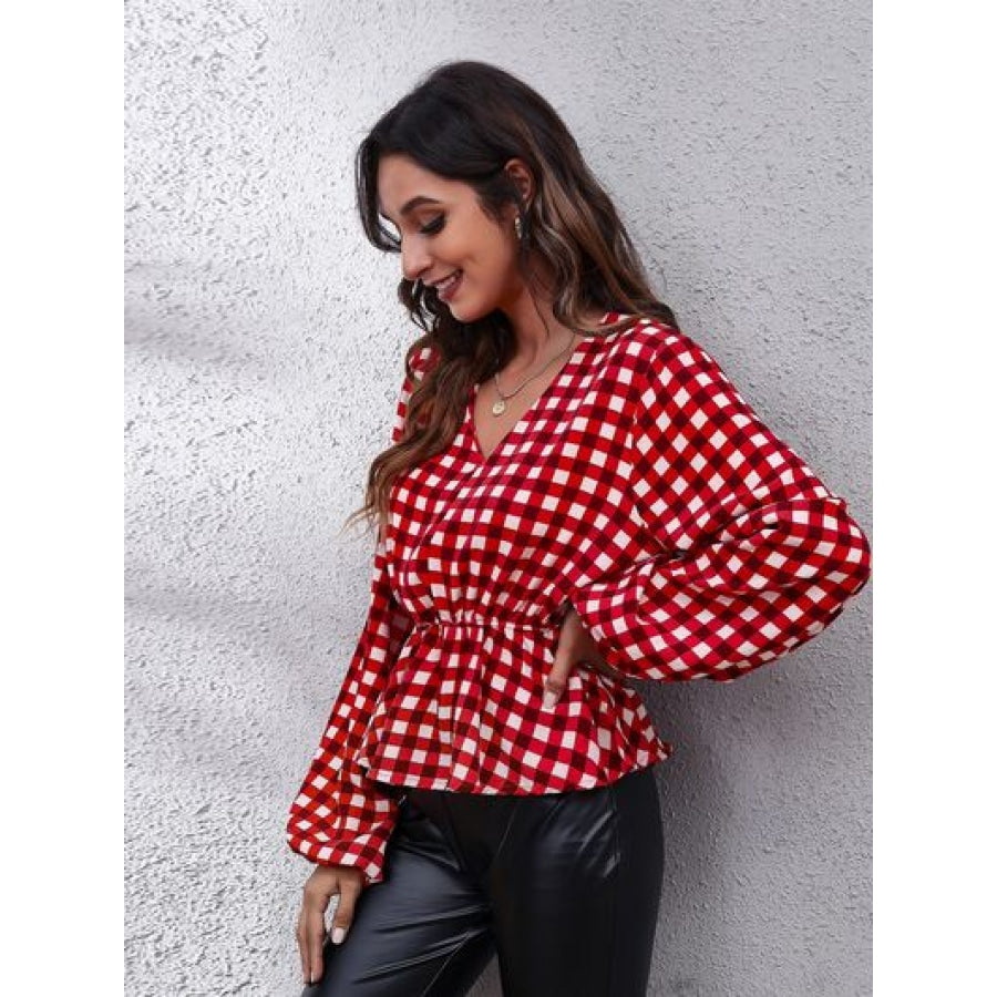 Plaid V-Neck Balloon Sleeve Peplum Blouse Clothing