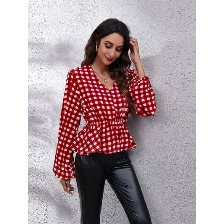 Plaid V-Neck Balloon Sleeve Peplum Blouse Clothing