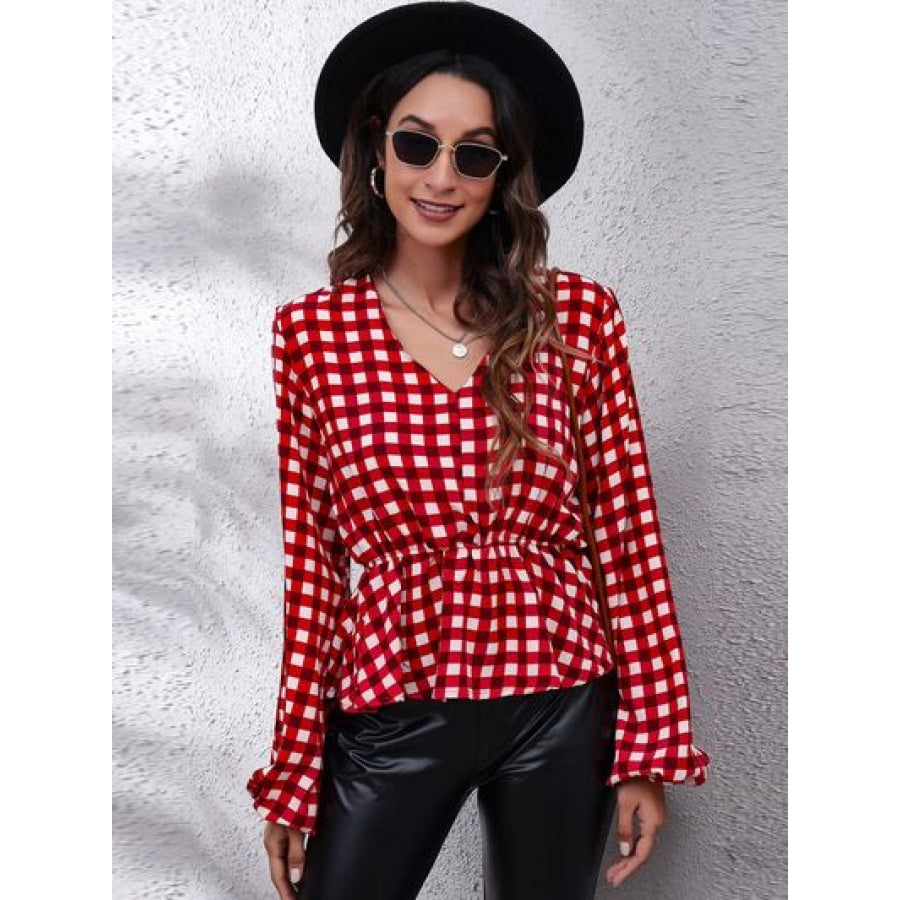 Plaid V-Neck Balloon Sleeve Peplum Blouse Deep Red / S Clothing