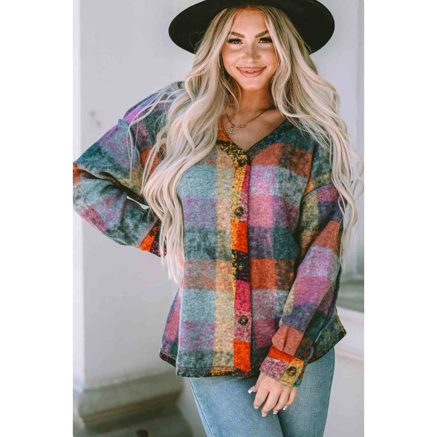 Plaid V-Neck Button Down Jacket Multicolor / S