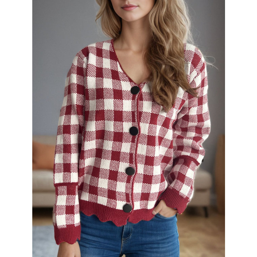 Plaid V-Neck Button Up Cardigan Apparel and Accessories