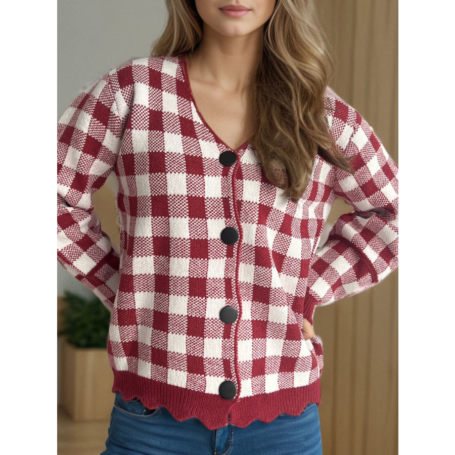 Plaid V-Neck Button Up Cardigan Apparel and Accessories