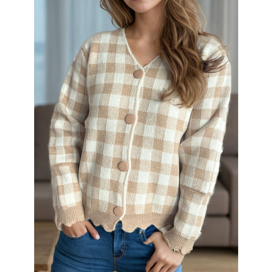 Plaid V-Neck Button Up Cardigan Tan / One Size Apparel and Accessories