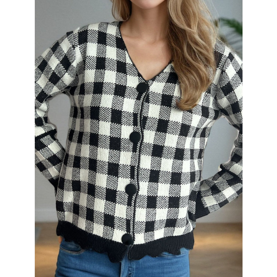 Plaid V-Neck Button Up Cardigan Apparel and Accessories