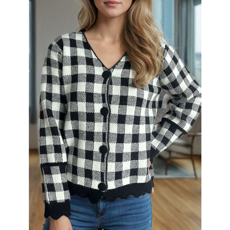 Plaid V-Neck Button Up Cardigan Apparel and Accessories