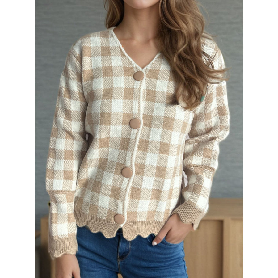 Plaid V-Neck Button Up Cardigan Apparel and Accessories