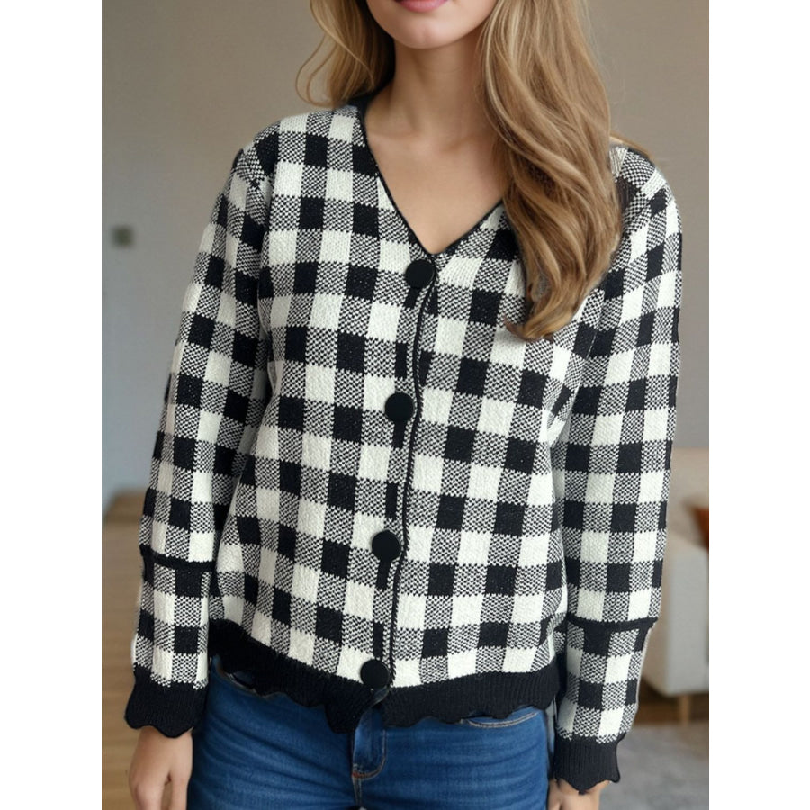 Plaid V-Neck Button Up Cardigan Black / One Size Apparel and Accessories