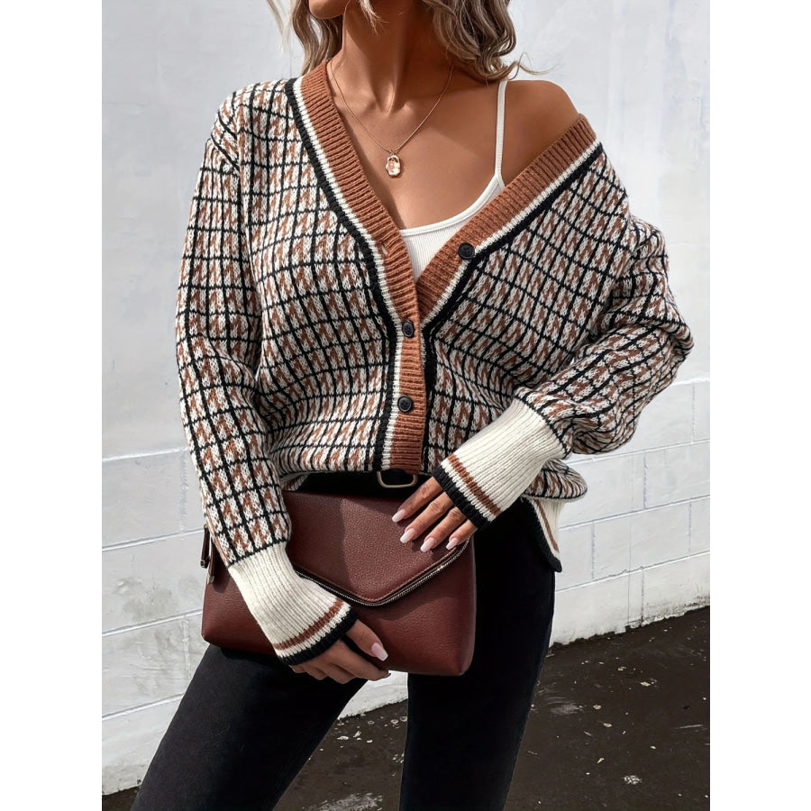 Plaid V-Neck Button Up Cardigan Caramel / One Size Apparel and Accessories