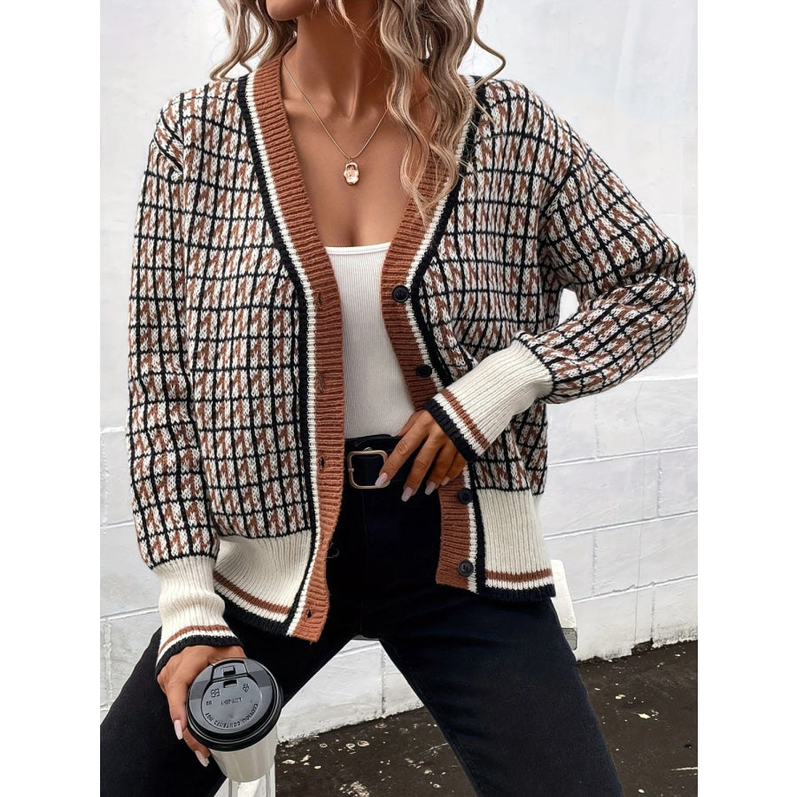 Plaid V-Neck Button Up Cardigan Caramel / One Size Apparel and Accessories