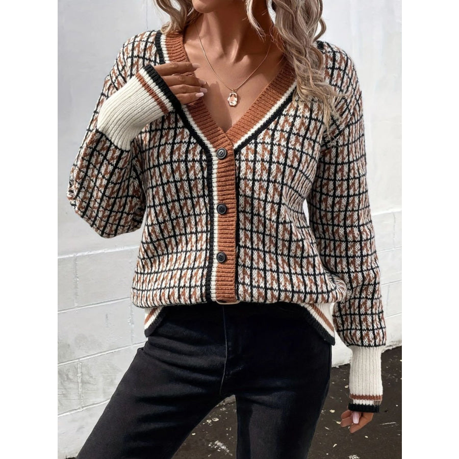 Plaid V-Neck Button Up Cardigan Caramel / One Size Apparel and Accessories