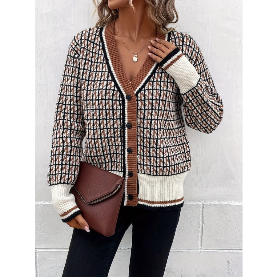 Plaid V-Neck Button Up Cardigan Caramel / One Size Apparel and Accessories