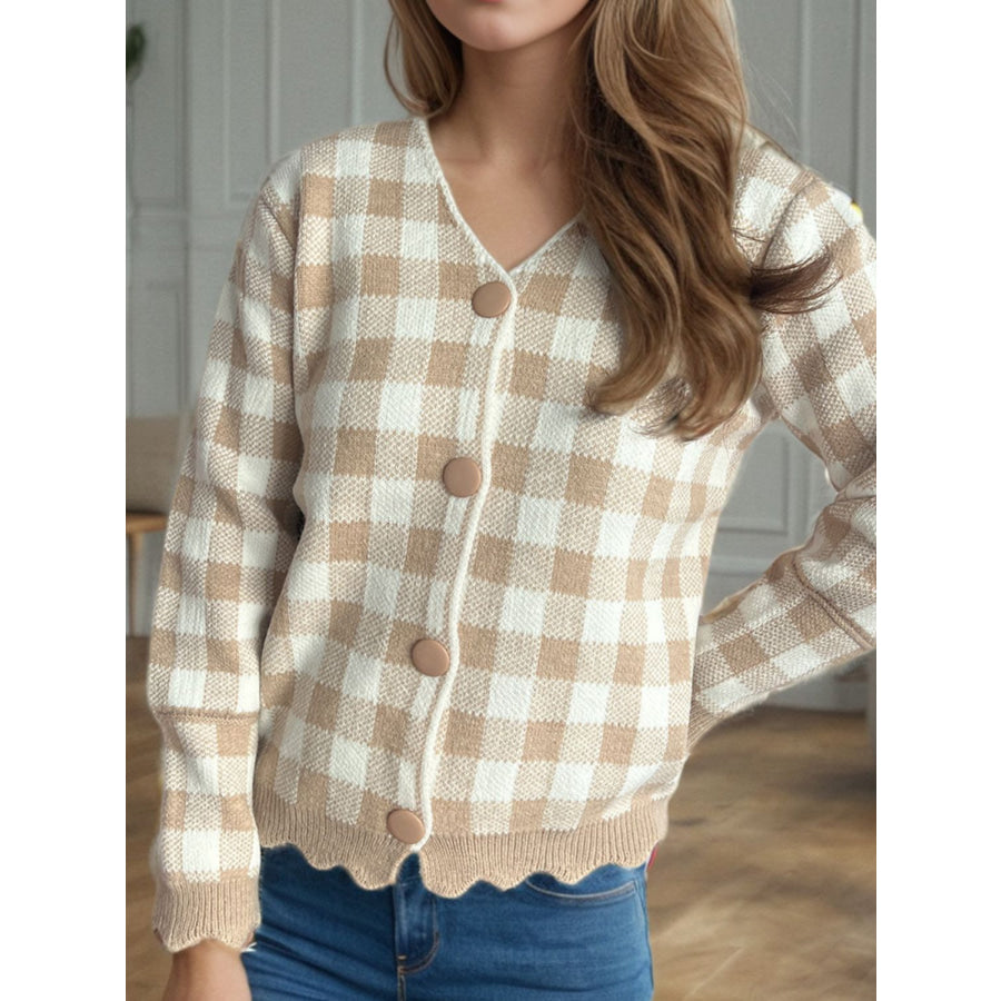 Plaid V-Neck Button Up Cardigan Tan / One Size Apparel and Accessories