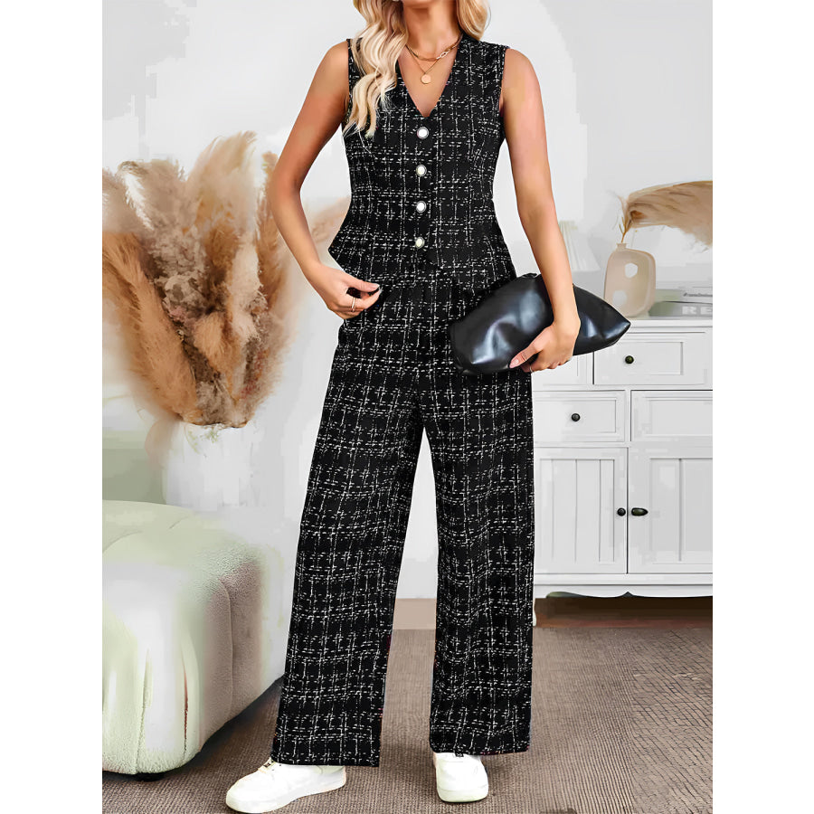 Plaid V-Neck Button Up Vest and Pants Set Apparel and Accessories